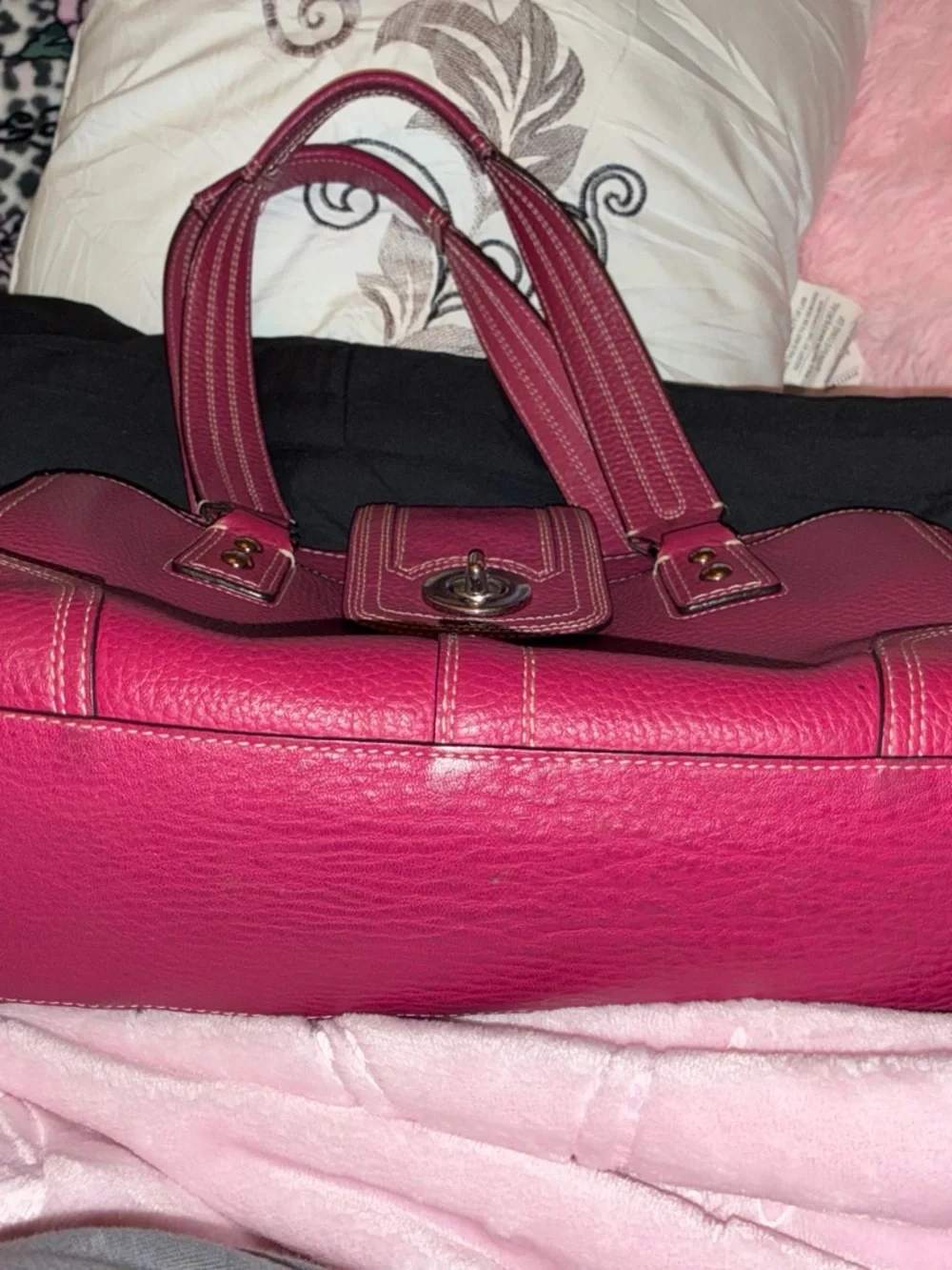 Coach Fuchsia Pink Pebbled Leather Shoulder Bag with Turn-Lock